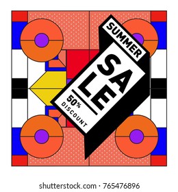 Summer sale memphis style web banner. Fashion and travel discount poster. Vector holiday Abstract colorful illustration with special offer and promotion.