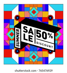 Summer sale memphis style web banner. Fashion and travel discount poster. Vector holiday Abstract colorful illustration with special offer and promotion.