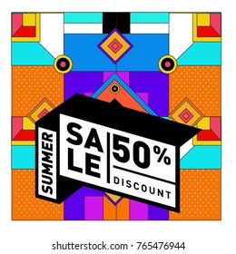 Summer sale memphis style web banner. Fashion and travel discount poster. Vector holiday Abstract colorful illustration with special offer and promotion.