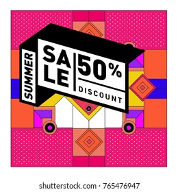 Summer sale memphis style web banner. Fashion and travel discount poster. Vector holiday Abstract colorful illustration with special offer and promotion.