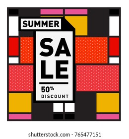 Summer sale memphis style web banner. Fashion and travel discount poster. Vector holiday Abstract colorful illustration with special offer and promotion.