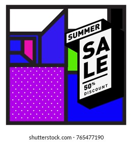 Summer sale memphis style web banner. Fashion and travel discount poster. Vector holiday Abstract colorful illustration with special offer and promotion.