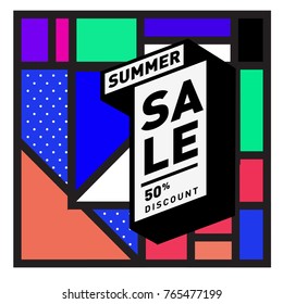 Summer sale memphis style web banner. Fashion and travel discount poster. Vector holiday Abstract colorful illustration with special offer and promotion.