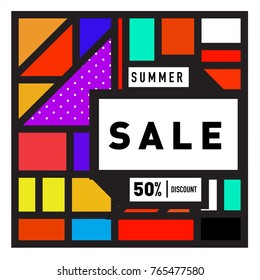 Summer sale memphis style web banner. Fashion and travel discount poster. Vector holiday Abstract colorful illustration with special offer and promotion.