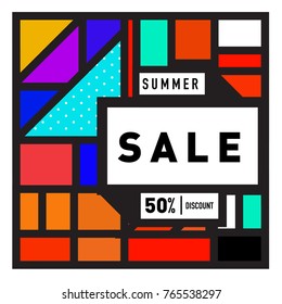 Summer sale memphis style web banner. Fashion and travel discount poster. Vector holiday Abstract colorful illustration with special offer and promotion.