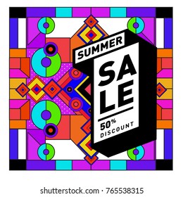 Summer sale memphis style web banner. Fashion and travel discount poster. Vector holiday Abstract colorful illustration with special offer and promotion.