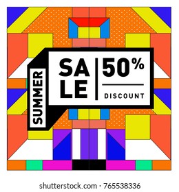Summer sale memphis style web banner. Fashion and travel discount poster. Vector holiday Abstract colorful illustration with special offer and promotion.