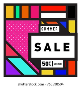Summer sale memphis style web banner. Fashion and travel discount poster. Vector holiday Abstract colorful illustration with special offer and promotion.