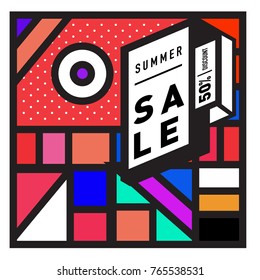 Summer sale memphis style web banner. Fashion and travel discount poster. Vector holiday Abstract colorful illustration with special offer and promotion.