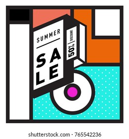 Summer sale memphis style web banner. Fashion and travel discount poster. Vector holiday Abstract colorful illustration with special offer and promotion.