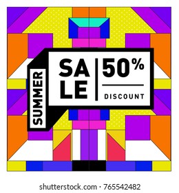 Summer sale memphis style web banner. Fashion and travel discount poster. Vector holiday Abstract colorful illustration with special offer and promotion.