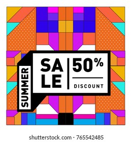 Summer sale memphis style web banner. Fashion and travel discount poster. Vector holiday Abstract colorful illustration with special offer and promotion.