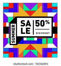 Summer sale memphis style web banner. Fashion and travel discount poster. Vector holiday Abstract colorful illustration with special offer and promotion.