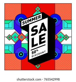 Summer sale memphis style web banner. Fashion and travel discount poster. Vector holiday Abstract colorful illustration with special offer and promotion.
