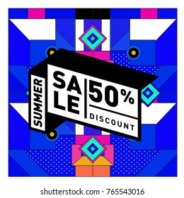 Summer sale memphis style web banner. Fashion and travel discount poster. Vector holiday Abstract colorful illustration with special offer and promotion.