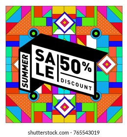 Summer sale memphis style web banner. Fashion and travel discount poster. Vector holiday Abstract colorful illustration with special offer and promotion.