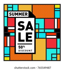 Summer sale memphis style web banner. Fashion and travel discount poster. Vector holiday Abstract colorful illustration with special offer and promotion.