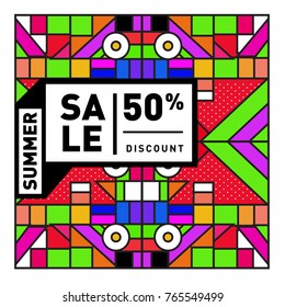 Summer sale memphis style web banner. Fashion and travel discount poster. Vector holiday Abstract colorful illustration with special offer and promotion.