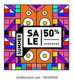 Summer sale memphis style web banner. Fashion and travel discount poster. Vector holiday Abstract colorful illustration with special offer and promotion.