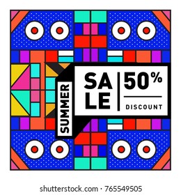 Summer sale memphis style web banner. Fashion and travel discount poster. Vector holiday Abstract colorful illustration with special offer and promotion.