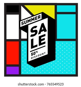 Summer sale memphis style web banner. Fashion and travel discount poster. Vector holiday Abstract colorful illustration with special offer and promotion.