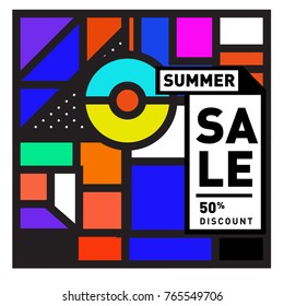 Summer sale memphis style web banner. Fashion and travel discount poster. Vector holiday Abstract colorful illustration with special offer and promotion.