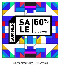 Summer sale memphis style web banner. Fashion and travel discount poster. Vector holiday Abstract colorful illustration with special offer and promotion.