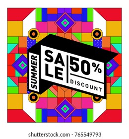 Summer sale memphis style web banner. Fashion and travel discount poster. Vector holiday Abstract colorful illustration with special offer and promotion.
