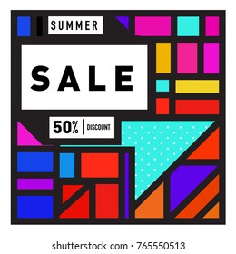 Summer sale memphis style web banner. Fashion and travel discount poster. Vector holiday Abstract colorful illustration with special offer and promotion.