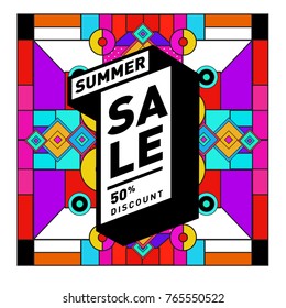 Summer sale memphis style web banner. Fashion and travel discount poster. Vector holiday Abstract colorful illustration with special offer and promotion.