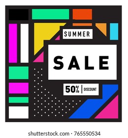 Summer sale memphis style web banner. Fashion and travel discount poster. Vector holiday Abstract colorful illustration with special offer and promotion.