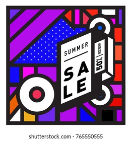 Summer sale memphis style web banner. Fashion and travel discount poster. Vector holiday Abstract colorful illustration with special offer and promotion.