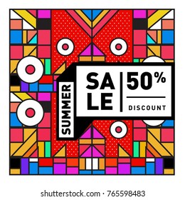 Summer sale memphis style web banner. Fashion and travel discount poster. Vector holiday Abstract colorful illustration with special offer and promotion.