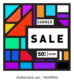 Summer sale memphis style web banner. Fashion and travel discount poster. Vector holiday Abstract colorful illustration with special offer and promotion.