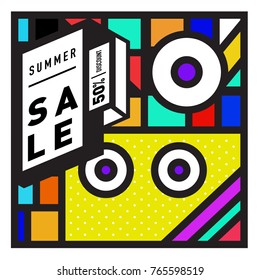 Summer sale memphis style web banner. Fashion and travel discount poster. Vector holiday Abstract colorful illustration with special offer and promotion.