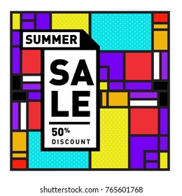 Summer sale memphis style web banner. Fashion and travel discount poster. Vector holiday Abstract colorful illustration with special offer and promotion.