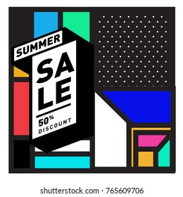 Summer sale memphis style web banner. Fashion and travel discount poster. Vector holiday Abstract colorful illustration with special offer and promotion.