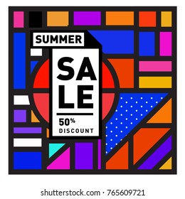 Summer sale memphis style web banner. Fashion and travel discount poster. Vector holiday Abstract colorful illustration with special offer and promotion.