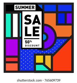 Summer sale memphis style web banner. Fashion and travel discount poster. Vector holiday Abstract colorful illustration with special offer and promotion.