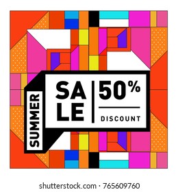 Summer sale memphis style web banner. Fashion and travel discount poster. Vector holiday Abstract colorful illustration with special offer and promotion.