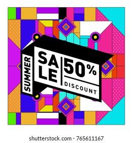 Summer sale memphis style web banner. Fashion and travel discount poster. Vector holiday Abstract colorful illustration with special offer and promotion.