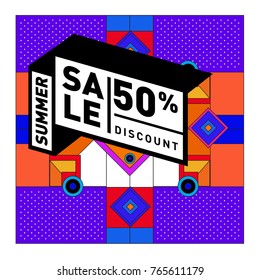 Summer sale memphis style web banner. Fashion and travel discount poster. Vector holiday Abstract colorful illustration with special offer and promotion.