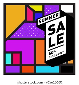 Summer sale memphis style web banner. Fashion and travel discount poster. Vector holiday Abstract colorful illustration with special offer and promotion.