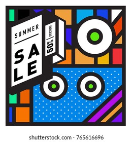 Summer sale memphis style web banner. Fashion and travel discount poster. Vector holiday Abstract colorful illustration with special offer and promotion.