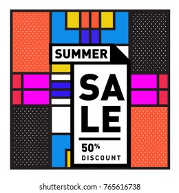 Summer sale memphis style web banner. Fashion and travel discount poster. Vector holiday Abstract colorful illustration with special offer and promotion.