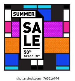 Summer sale memphis style web banner. Fashion and travel discount poster. Vector holiday Abstract colorful illustration with special offer and promotion.