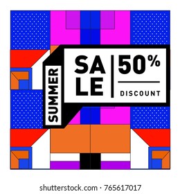 Summer sale memphis style web banner. Fashion and travel discount poster. Vector holiday Abstract colorful illustration with special offer and promotion.