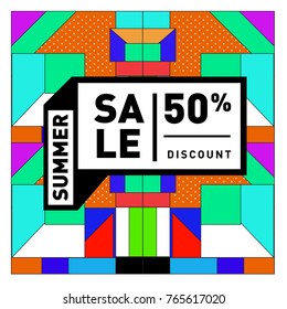 Summer sale memphis style web banner. Fashion and travel discount poster. Vector holiday Abstract colorful illustration with special offer and promotion.