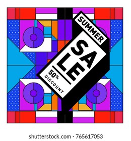 Summer sale memphis style web banner. Fashion and travel discount poster. Vector holiday Abstract colorful illustration with special offer and promotion.