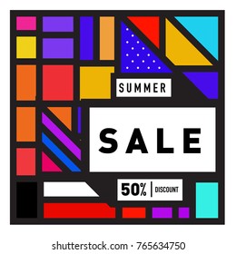 Summer sale memphis style web banner. Fashion and travel discount poster. Vector holiday Abstract colorful illustration with special offer and promotion.